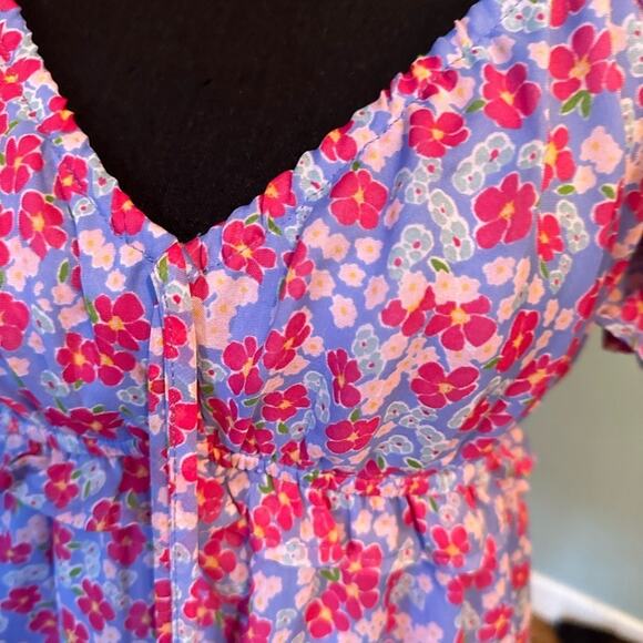Wednesday's Girl Ruched Bust Mini Tea Dress | Purple Pink Floral | Size S - Picture 5 of 9